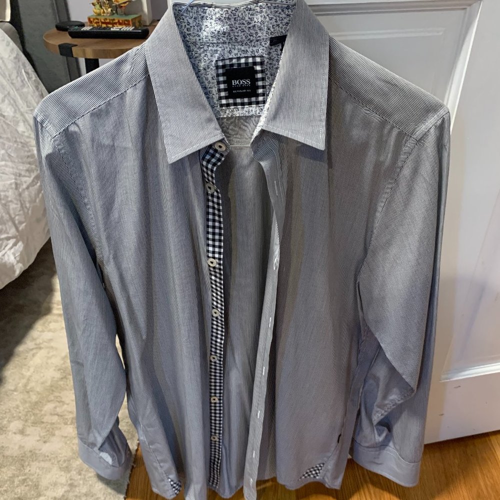 Hugo Boss Black and White Button Down Shirt with Floral and Check Patter